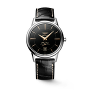 Quadrante nero con indici applicati e lancette rosa con trattamento Swiss Super-LumiNova® dell'orologio Longines Flagship Heritage automatico